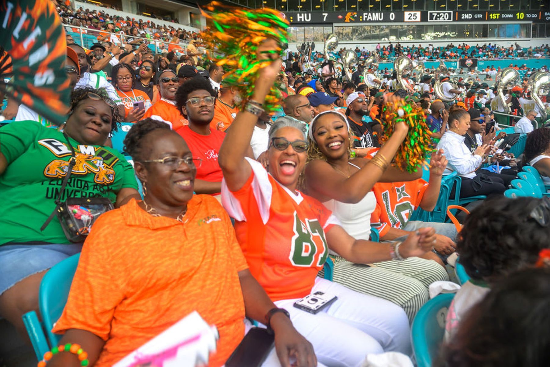 Group of Black women celebrating together during Orange Blossom Classic weekend in Miami